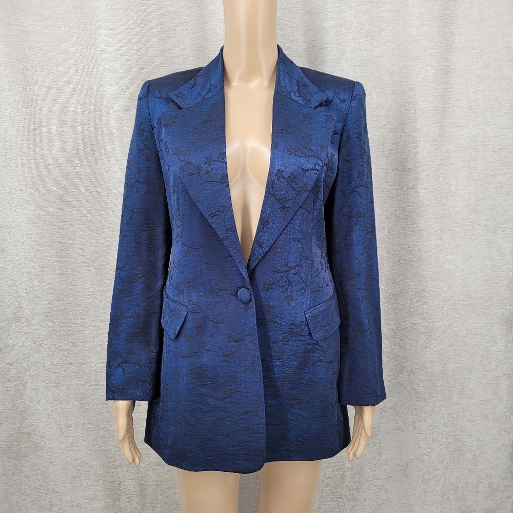High Point Vintage Metallic Blue Satin   Blazer with Black Floral Embroidery